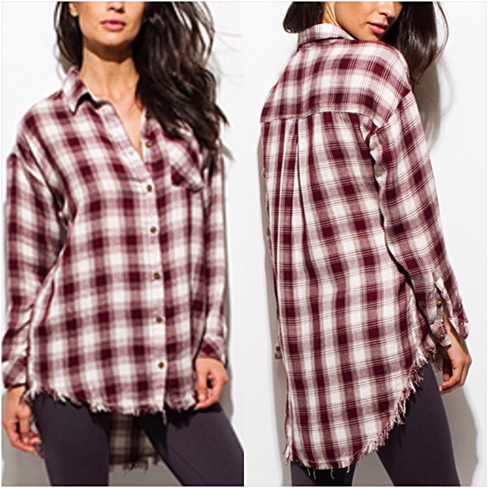 Boho Plaid Fringe Tunic Button Down Shirt SMLXL - Picture 6 of 8